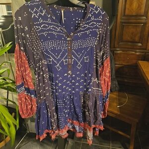 Free People Bohemian Long Sleeve Top - Blue and Red